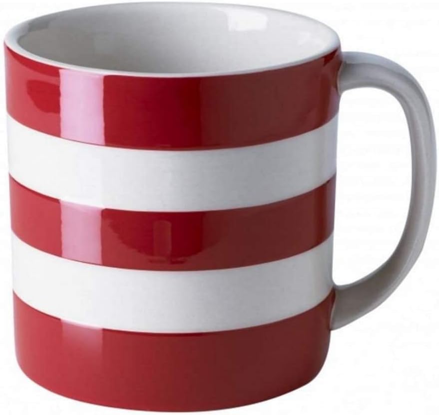 Cornishware 15oz Coffee Cup, Red and White Stripe | Large Coffee Mug with Handle Big Size Mug Cup | Stoneware Ceramic Glazed Mug, Made in England UK