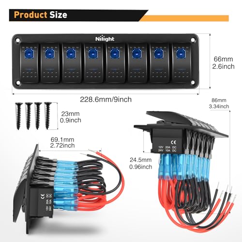 Image of Nilight 8 Gang Rocker Switch Panel SPST On Off Toggle with DIY Label Sticker | 5PIN Electrical 12V /20A 24V /10A Aluminum Plate with Pre-Wired Jumper Wires for LED Light Bar RV Boats 4X4 Cars Blue