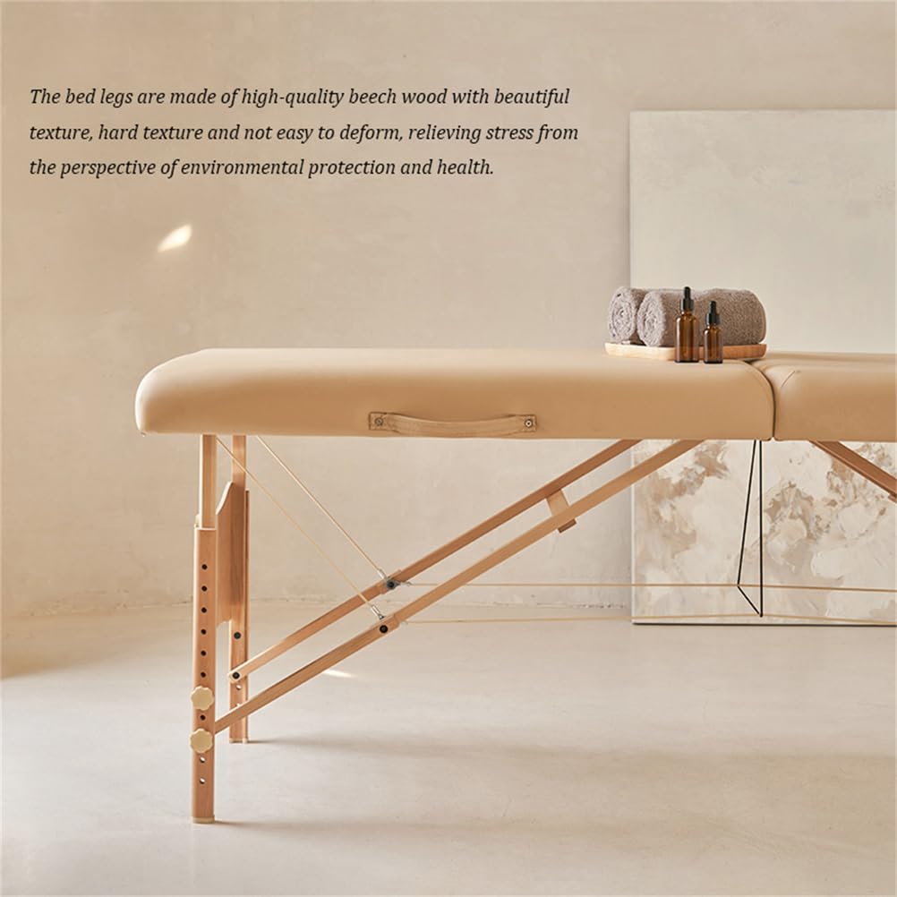 Lettino da Massaggio Pieghevole, Lettino da Bellezza Portatile Pieghevole, tavoli da Spa Regolabili in Altezza, Lettino da Salone di Bellezza con Struttura in Legno,Beige,184x71cm