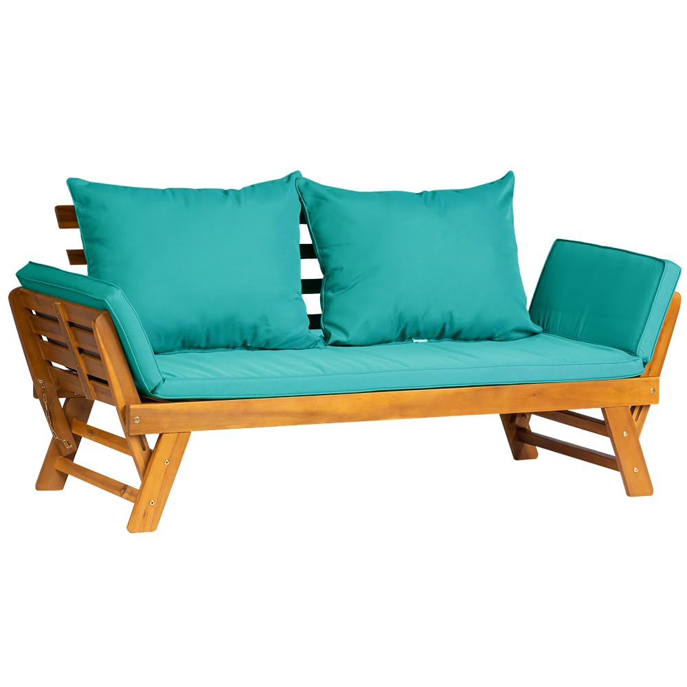 Panana Acacia Wood Convertible Couch Sofa Bed with Adjustable Armrest Folding Daybed Collapsible Chaise Lounge with Cushion Pillow Outdoor Loveseat for Garden Patio Poolside (Turquoise)