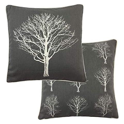 2 X FOREST TREES GREY WHITE 100% COTTON PIPED CUSHION COVER 17" - 43CM Cover