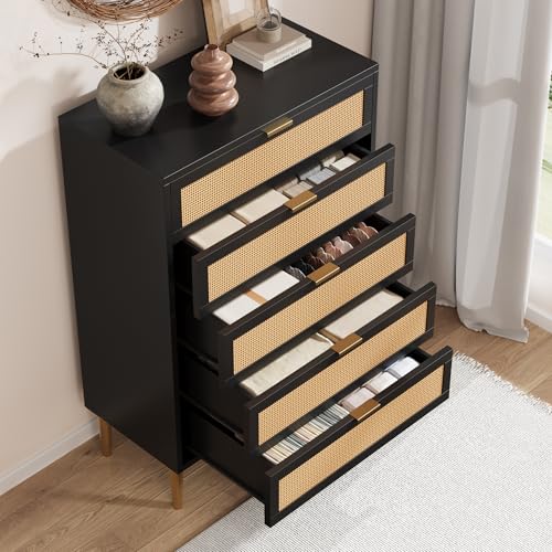 Rattan 5 Drawer Dresser, 44'' Tall Narrow Chest of Drawer, Farmhouse Wooden Storage Cabinet with Metal Legs and Handles, Modern Dresser for Bedroom, Living Room, Black