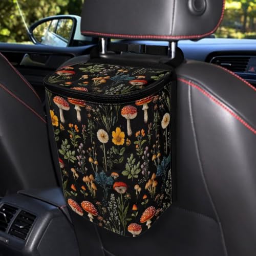 Image of Mushroom Floral Print Car Trash Can with Lid Organizer Multipurpose Trash Bin Decoration for Women Universal for Cars,Sedans, SUVs & Trucks