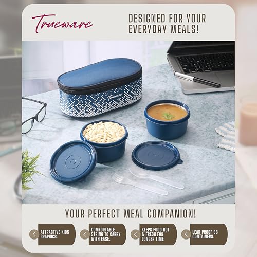 Image of Trueware Omaga Lunch Box with Insulated Fabric Jacket, 2 Microwave Safe & Leak Proof Inner Stainless Steel Containers 400ml Each Tiffin for Office, College