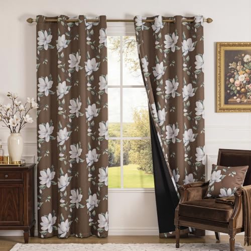 Image of MYSKY HOME Floral 95% Blackout Curtains 90 Inch Long 2 Panels Set for Kitchen White Flower Printed Thermal Insulated Light Blocking Black Out Grommet Window Treatments, 52 inch W Each Panel, Brown