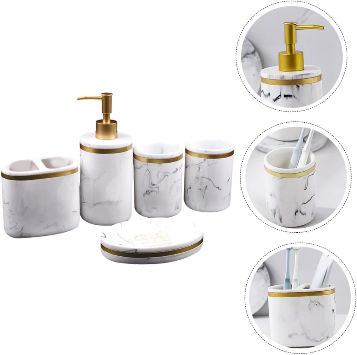 Alipis 5 Pcs Imitation Marble Bathroom Accessory Set with Lotion Dispenser and Brushing Cups Non Slip Base Smooth Surface Decorative Resin Bath Supplies Organizer