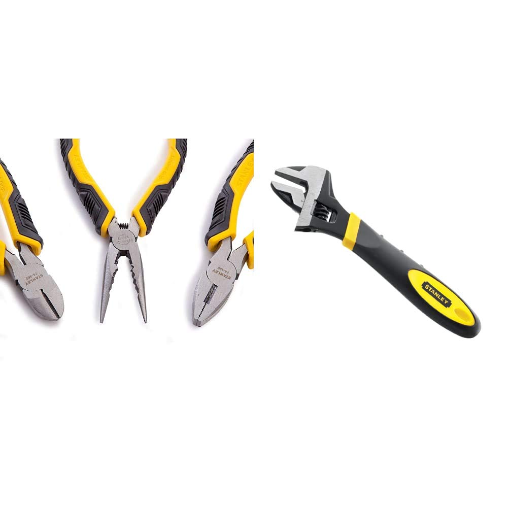 STANLEY 3 Piece Control Grip Plier Set, Grip/Combination/Long Nose & 090947 6in MaxSteel Adjustable Wrench