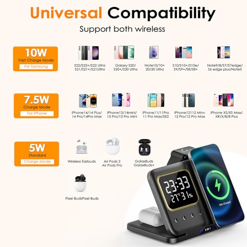Image of AYI 5in1 Multi Functional Wireless Charging Station with Digital Clock 15W Fast Charge Night Light Temperature Humidity Monitor Wireless Charger for All Qi Phone TWS Headphone and Apple Watch-Black