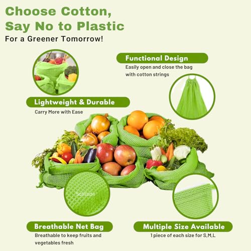 Image of Solitude Set of 6 Cotton Vegetable Fridge Bag | Eco-friendly Natural Vegetables Bags for Fridge Storage | Multi-purpose 100% Cotton Mesh (Neem Green)