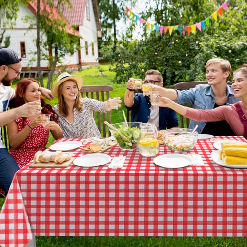 Image of 6 Pack Red and White Plastic Checkered Tablecloth, Premium Decorative Disposable Red Gingham Plaid Table Cloths for Parties, Rectangle Party Table Cover for Picnic Farm Birthday Wedding, 54x108 Inch