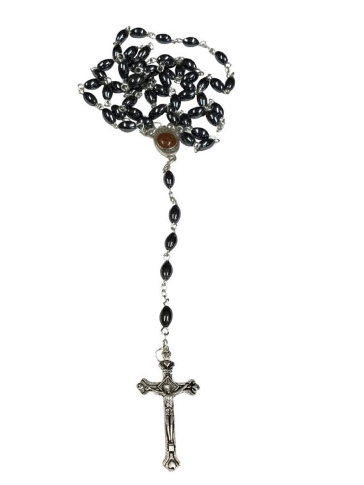 Hemae Rosary Black Stone Beads Necklace with Jerusalem Holy Soil & Cross