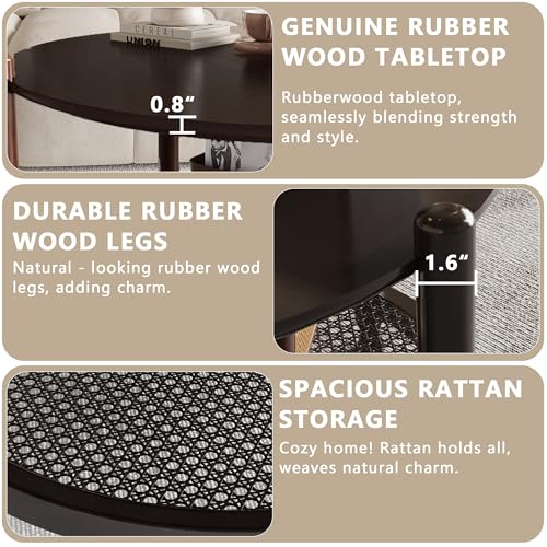 Image of NSdirect 32 inch Round Coffee Table for Living Room, 2-Tier Solid Wood Center Table for Home Decor with Boho Woven Rattan Storage Shelf | Modern Farmhouse Design, Easy Assembly, Black Brown