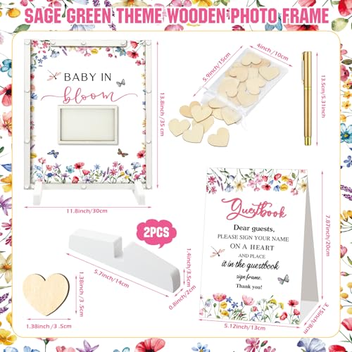Image of Beeveer 65 Pcs Wildflower Baby Shower Guest Book Alternatives Baby in Bloom Shower Decorations Sign in Guest Book with Picture Frame and 60 Wooden Chip