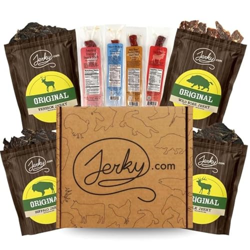 Product Image of the Jerky.com Exotic Jerky Gift Box | 8pc Wild Game Exotic Jerky Variety Pack with Venison, Elk, Wild Boar, & Buffalo | High Protein, Low Fat, Keto Meat Snacks | Unique Birthday Gifts for men