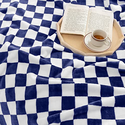 LOMAO Throw Blankets Flannel Blanket with Checkerboard Grid Pattern Soft Throw Blanket for Couch, Bed, Sofa Luxurious Warm and Cozy for All Seasons (Dark Blue, 60"x80")