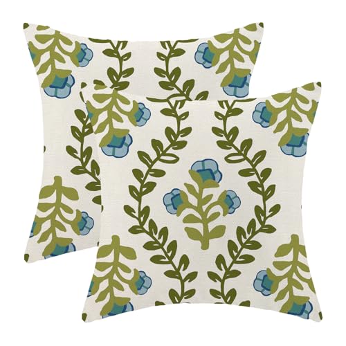 Sage Green Floral Pillow Covers 18x18 Inch Set of 2 Boho Blue Floral Green Leaves Throw Pillows Spring Summer Seasonal Flower Pillowcases Linen Outdoor Decor Cushion Covers for Bedroom Couch Sofa