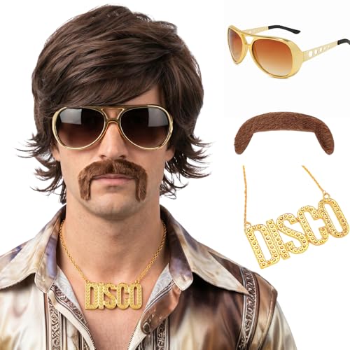 PUREHAIR Retro 70s Disco Wig for Men with Mustache Glasses and Chain Perfect for Rocker Singer Hippie Cosplay Mens 70s 80s Disco Outfit Costume Wigs (Brown)