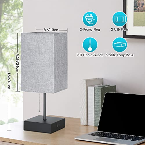 Table Lamps Set Of 2 With Usb Charging Ports, Bedside Lamps, Nightstand Lamps With Pull Chain Switch, Minimalist Modern Desk Lamps With Grey Fabric Shade For Living Room Bedroom Home Office #TOP1