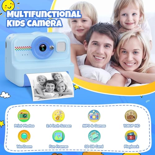 Image of Kids Camera Instant Print, 1080P HD Instant Print Camera for Kids with 3 Rolls Print Paper & 32GB Card, Selfie Digital Camera for Kid, Ideal Kid Toys Gifts for Boys & Girls Age 3-14 (CAM39)