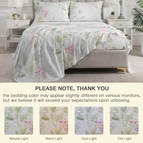 Image of Sage Green Vintage Floral Percale Sheets Queen Size Deep Pocket | 100% Cotton Patterned Farmhouse Sheet Set, Shabby Flower Leaf Chic Toile Bed Sheets, French Country Bedding, Soft Crisp, 4Pcs