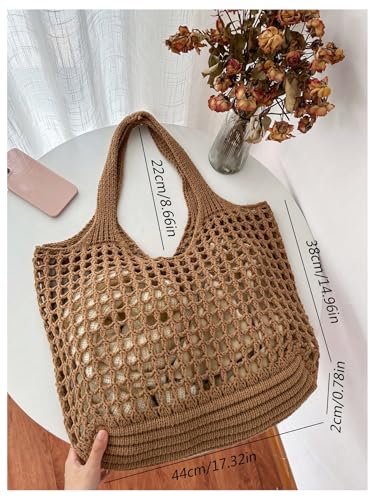 Bolsos tote tejidos a mano para mujer, estilo bohemio, con detalles huecos y asas superiores, color marrón miniatura 4