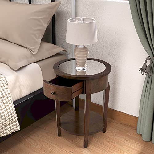 Sunbury Round Side Table W Drawer, Round Wooden Accent Table Wood End Table Living Room, 18" Wood Nightstand W Mirrored Tabletop, Mdf Brown Bed Side Table Accent End Table #TOP6