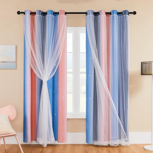 XiDi Tende per Bambini Altezza 213cm con Trasparenza per la Finestra Sala per Trattamenti Oscuramento Tende Colorate con Ritaglio a Stella Riduzione del Rumore Decorazione PinkGreyBlue/86/213/2 IT