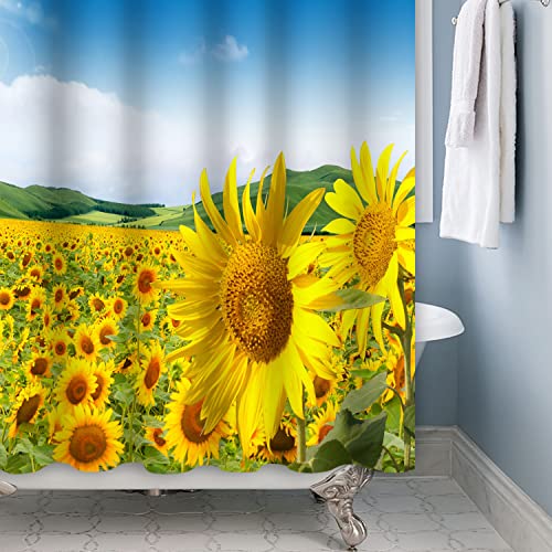 Bovlleetd Sunflower Shower Curtain Polyester Yellow Flower Garden Bath Curtain 71x71inch Beautiful Spring Natural Landscape Bathroom Decorative Curtain Waterproof Bathtub Curtain with Hooks - Image 3