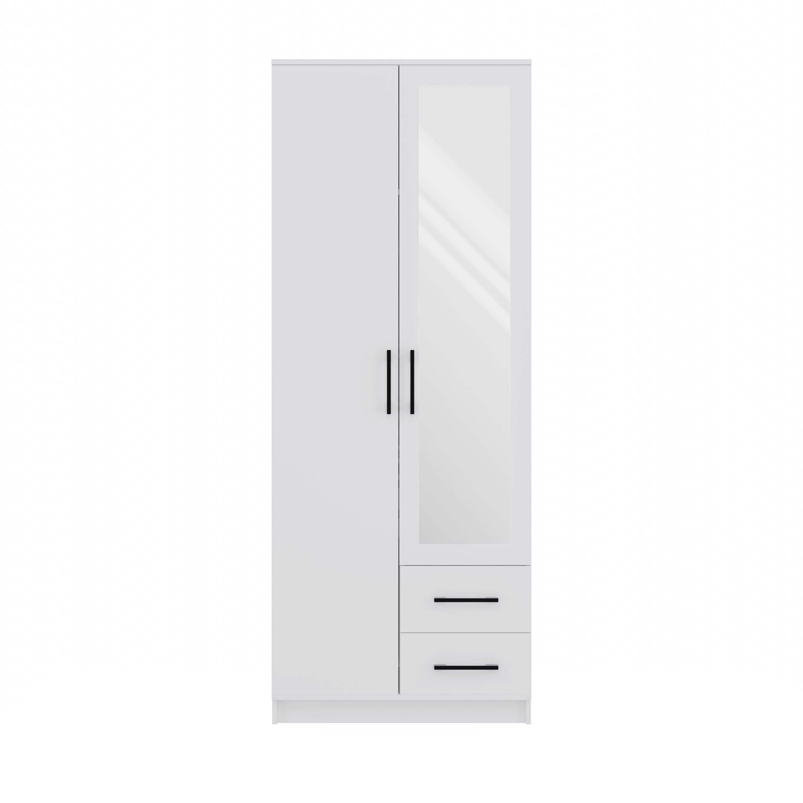 Armadio Salvaspazio 80x205 cm, 2 Ante con Specchio a Destra e 2 Cassetti, Guardaroba Moderno con Appendiabiti e 4 Ripiani, Mobile Camera da Letto e Ufficio, Design Minimal, Bianco Opaco AT16