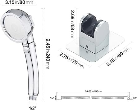 KAIYING Drill-Free High Pressure Hand Shower with On/Off Pause Switch 3 Spray Modes Water-Saving Shower Head Removable Puppy Shower Accessories (M:Shower Head (Chrome) + Bracket + Hose)