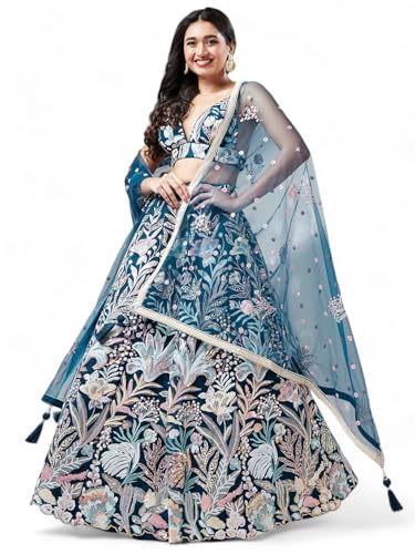 Image of Zeel Clothing Women's Sequins Embroidered Fabric Soft Net Lehenga Choli With Dupatta (6032-Blue-Wedding-Stylish-Lehenga-Choli-Latest; Free Size), Customizable Length