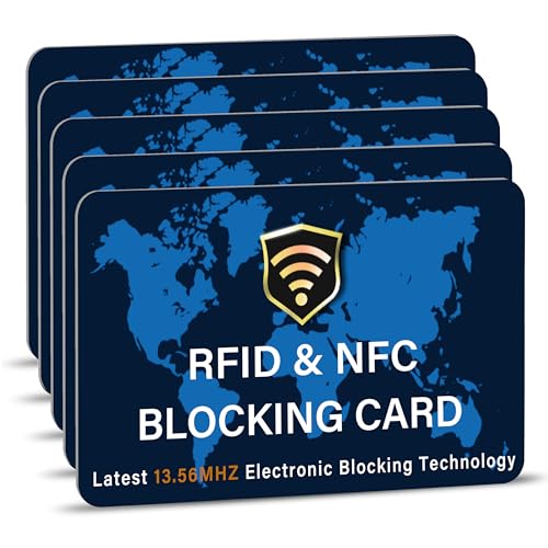 Image of SaiTech IT 5 Pack RFID Blocking Card, Slim Protector for Entire Wallet, Purse, and Debit Credit Cards from NFC Contactless Theft for Men & Women - World Map Blue