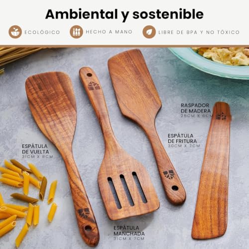 Miniatura 5 de Espátulas Madera Para Cocinar - Juego De 4 Utensilios De Cocina Madera De Teca, Incluye Espátula Volteadora, Ranurada, Raspador Y Para Freír. Accesorios Cocina - Duraderos Y Antiadherentes