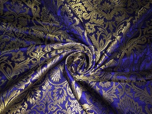 Brocart de soie bleu roi broderie dorée jacquard floral haute couture BRO1007