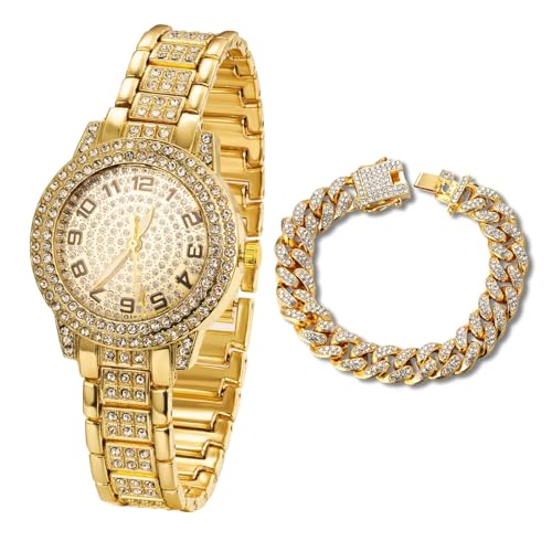 Image of Halukakah Diamonds Watch Iced Out for Boy Teens Kids - 18K Real Gold /Platinum Plated,Arabic Numerals Round Dial,Japanese Quartz - 7.7 inch Length - Optional with Cuban Link Chain - for Birthday,Parties