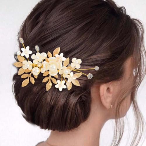 JONKY Flower Bride Wedding Hair Comb Gold Leaf Hair Accessories for Women