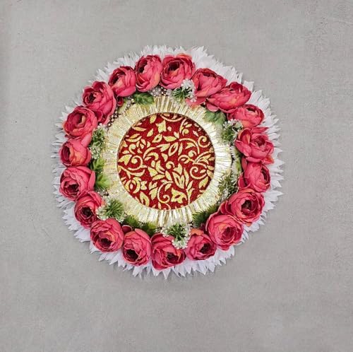 Image of SATYAM KRAFT 1 Pc Handcrafted Engagement Ring Holder Platter Round thali-Ideal for Ring Ceremony, Sagai,shaadi Decor,Marriage, Handmade Decorative Platter for Brides Maid (Pink)