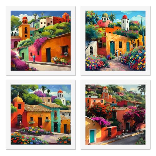 4 PCS Mexican Landscape Painting Poster Mexican Country House with