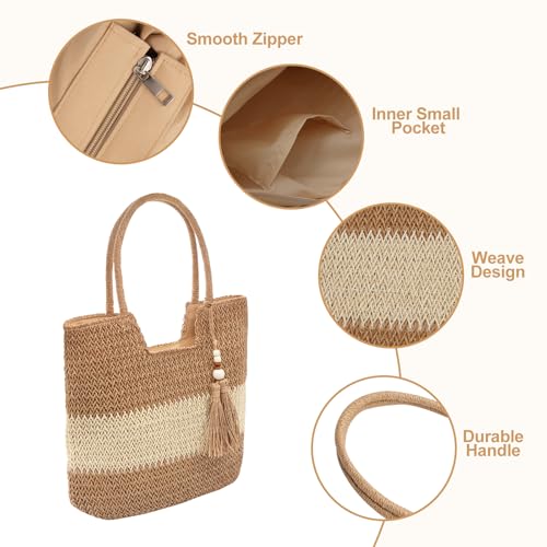 Image of Long Keeper Beach Bags for Women Summer Straw Bag with Zipper Woven Shoulder Handbag Beach Tote Bags for Travel Vacation