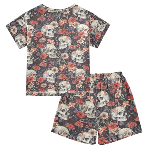 ALAZA Skulls Boho Flowers Pajama Set Short Sleeve Sleepwear Soft Lounge Nightwear2