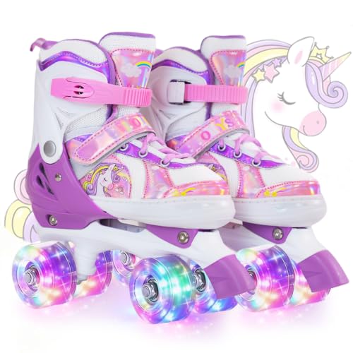 OLYSPM Patines 4 Ruedas Niña,Patines Niña,Patins Regulables en 4 Tamaños con 8 Ruedas Intermitentes para Niños,Niñas y Principiantes(Morado)