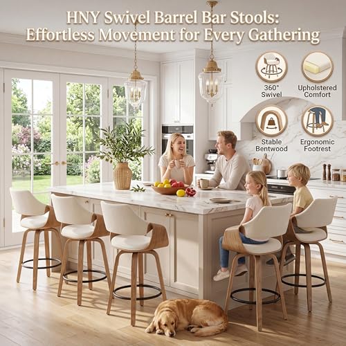 Image of 26'' Modern Barrel Swivel Counter Stools Counter Height Swivel Bar Stools with Backs Set of 6, Beige Linen Upholstered Bar Height stools, Farmhouse Solid Wood Barstools for Kitchen Island, Home Bar