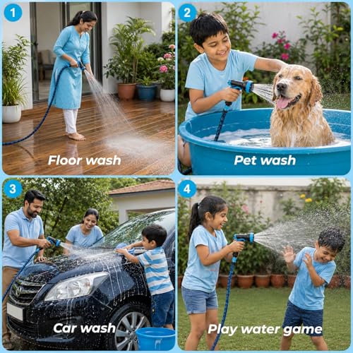 Image of Expandable Telescopic Garden Hose 75FT with 10 Spray Patterns Nozzle |Flexible Water Hose Pipe with 3 /4 Inch & 1 /2 Inch Fittings, Brass Connectors, Leak Proof & Kink Free for Car Washing |Black&Blue