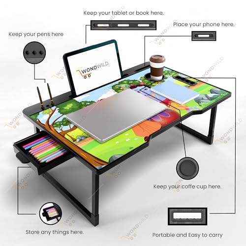Image of WONDWILD Smart Multipurpose Foldable Laptop Table with Cup Holder, Study Table, Bed Table, Breakfast Table, Foldable and Portable /Ergonomic & Rounded Edges /Non-Slip Legs (ABS BK)