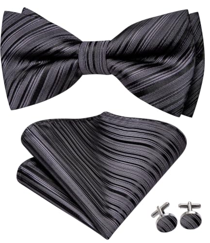 Image of Dubulle Mens Paisley Striped Bowtie Set Pre-tied Bowtie for Men and Pocket Square Set Wedding Business