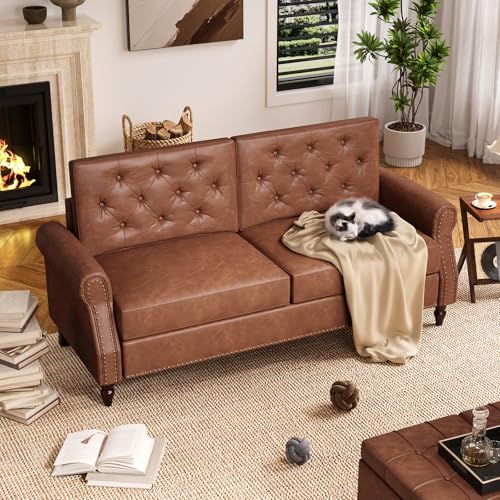 Brown-Couch-73-inch-Sofa-Couch-Faux-Leather-Couch-Office-Couch-with-Wooden-Legs-Vintage-Couch-with-Rolled-Armrests-Mid-Century-Modern-Couch-for-Living-Room-Small-Apartment Brown Couch 73 inch Sofa Couch Faux Leather Couch Office Couch with Wooden Legs Vintage Couch with Rolled Armrests Mid Century Modern Couch for Living Room Small Apartment