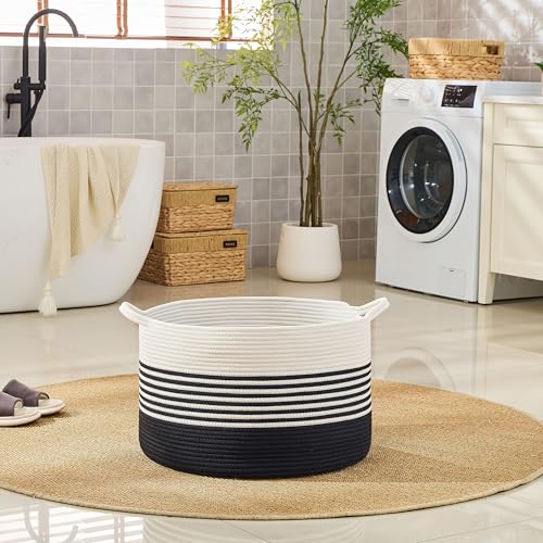 Image of KAKAMAY Cotton Rope Storage Basket (20 inchx13 inch),Woven Hamper for Blankets,Toys,Pillows,Clothes,Laundry,Sturdy Handles Decorative Basket for Living Room, Bedroom,Nursery(Black /Black Fringe)