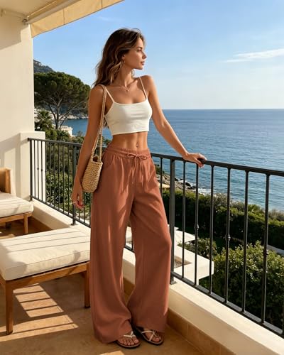 Image of SEMARO Womens Casual Linen Wide Leg Pants Flowy Drawstring High Waist Palazzo Beach Vacation Trousers