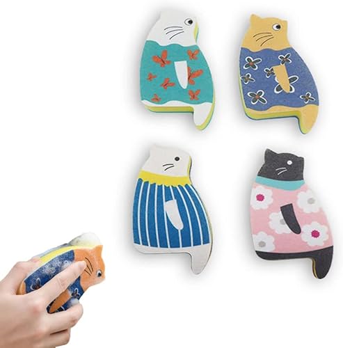 Esponja para platos de gatos, esponja para lavar platos de dibujos animados, para limpieza de cocina, esponjas antiarañazos, 4 piezas