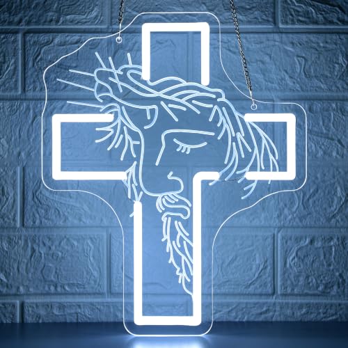 Image of Jesus Neon Sign for Wall Decor Jesus LED Light for Man Cave | Dimmable led light, cross decor, prayer room church ornament, spiritual faith wall art, religious gift, size 13.8*11.3 in